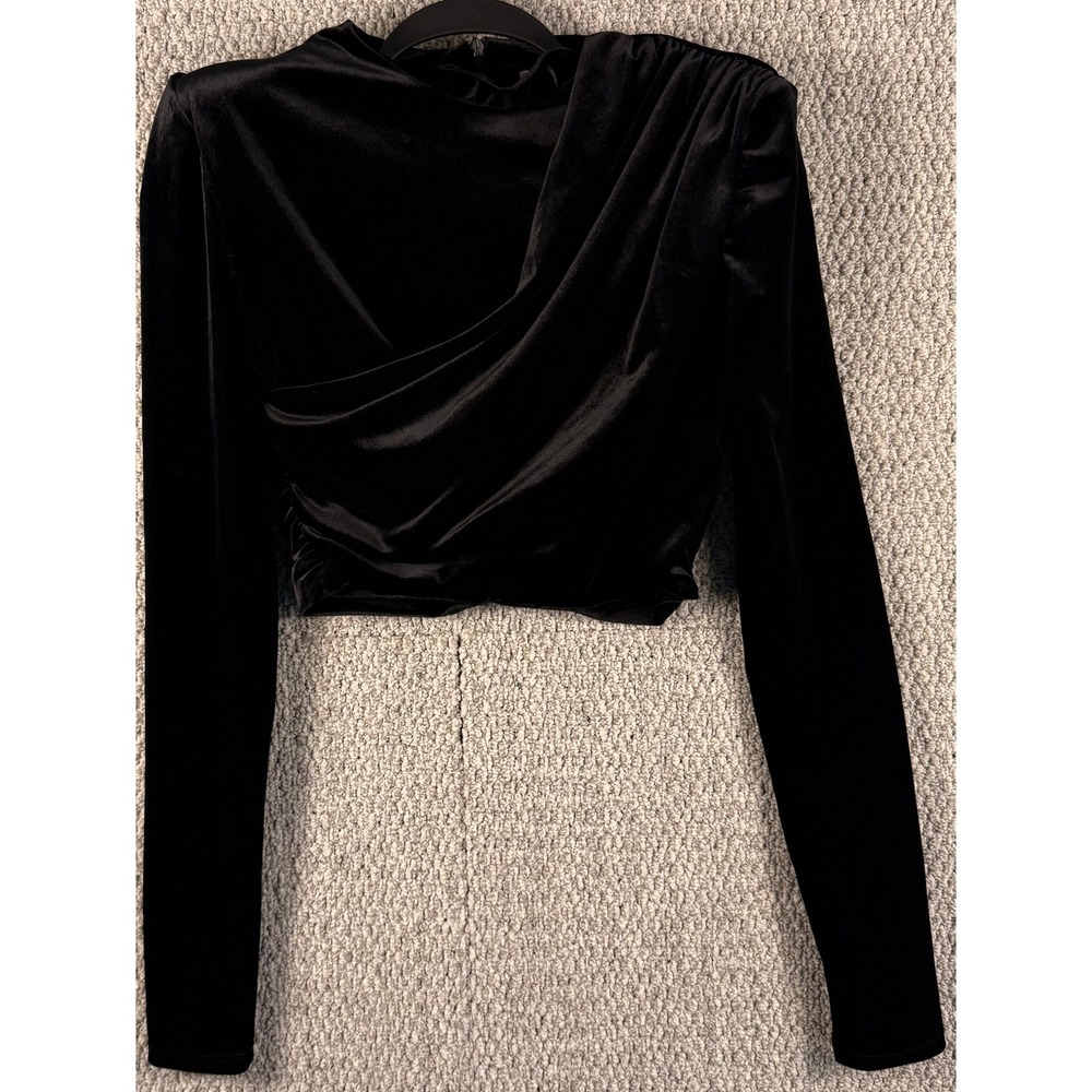 Zara Velvet Crop Top Blouse Small Black Draped Ruched Padded Shoulder Holiday